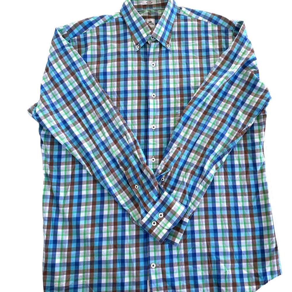 Peter Millar Men's  100% Cotton Checkered Dress Shirt Bleu Lime Brown -L